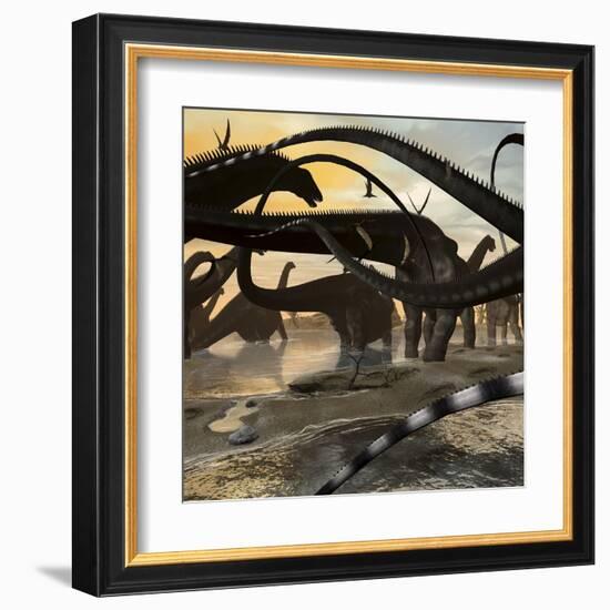 A Herd of Argentinosaurus Marching Along the Side of a Beach-Stocktrek Images-Framed Art Print