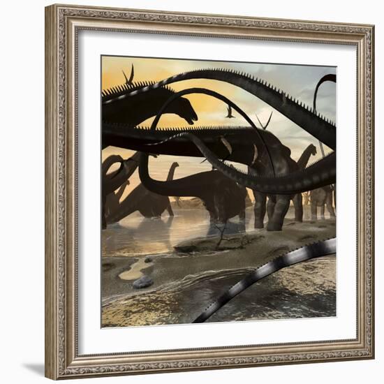 A Herd of Argentinosaurus Marching Along the Side of a Beach-Stocktrek Images-Framed Art Print