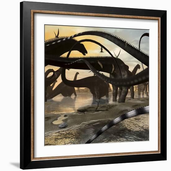 A Herd of Argentinosaurus Marching Along the Side of a Beach-Stocktrek Images-Framed Art Print