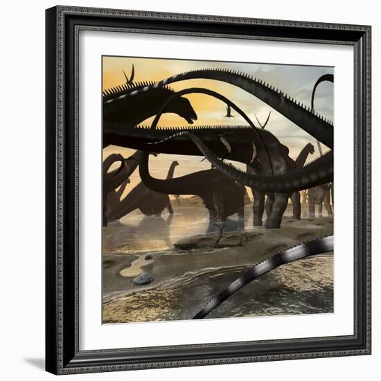 A Herd of Argentinosaurus Marching Along the Side of a Beach-Stocktrek Images-Framed Art Print