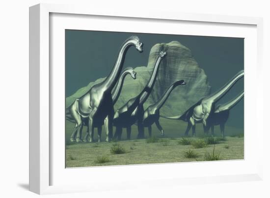 A Herd of Brachiosaurus Dinosaurs Pass a High Bluff-Stocktrek Images-Framed Art Print