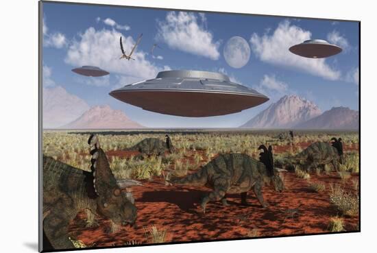 A Herd of Centrosaurus Dinosaurs Walk Past a Group of UFO'S-null-Mounted Art Print