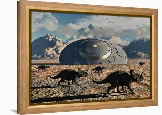 A Herd of Dinosaurs Walk Past a Flying Saucer Lodged into the Ground-null-Framed Stretched Canvas