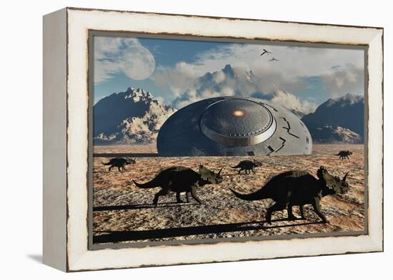 A Herd of Dinosaurs Walk Past a Flying Saucer Lodged into the Ground-null-Framed Stretched Canvas