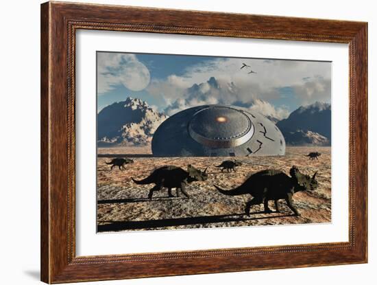 A Herd of Dinosaurs Walk Past a Flying Saucer Lodged into the Ground-null-Framed Art Print