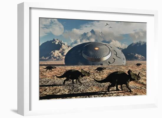 A Herd of Dinosaurs Walk Past a Flying Saucer Lodged into the Ground-null-Framed Art Print