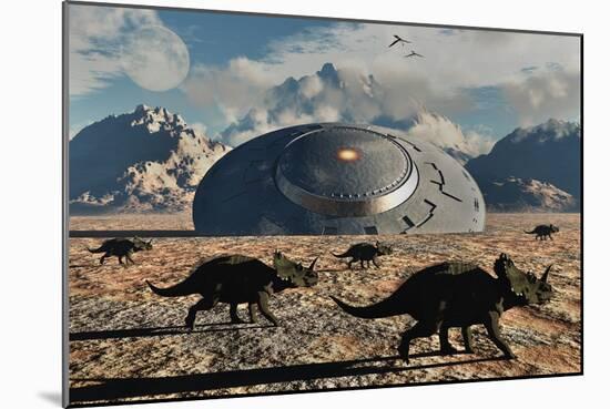 A Herd of Dinosaurs Walk Past a Flying Saucer Lodged into the Ground-null-Mounted Art Print