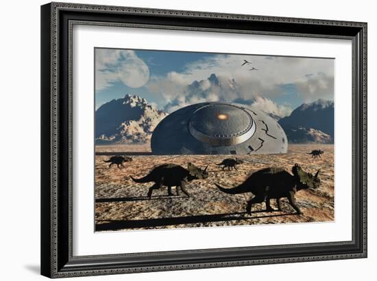 A Herd of Dinosaurs Walk Past a Flying Saucer Lodged into the Ground-null-Framed Art Print