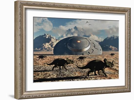 A Herd of Dinosaurs Walk Past a Flying Saucer Lodged into the Ground-null-Framed Premium Giclee Print