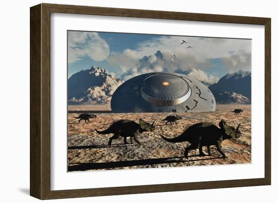 A Herd of Dinosaurs Walk Past a Flying Saucer Lodged into the Ground-null-Framed Premium Giclee Print