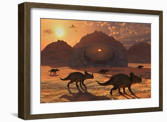 A Herd of Dinosaurs Walk Past a Flying Saucer Lodged into the Ground-null-Framed Art Print