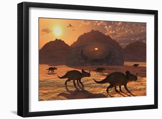 A Herd of Dinosaurs Walk Past a Flying Saucer Lodged into the Ground-null-Framed Art Print