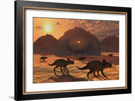 A Herd of Dinosaurs Walk Past a Flying Saucer Lodged into the Ground-null-Framed Art Print