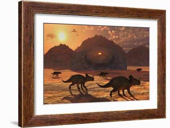 A Herd of Dinosaurs Walk Past a Flying Saucer Lodged into the Ground-null-Framed Premium Giclee Print