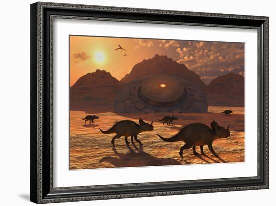 A Herd of Dinosaurs Walk Past a Flying Saucer Lodged into the Ground-null-Framed Premium Giclee Print