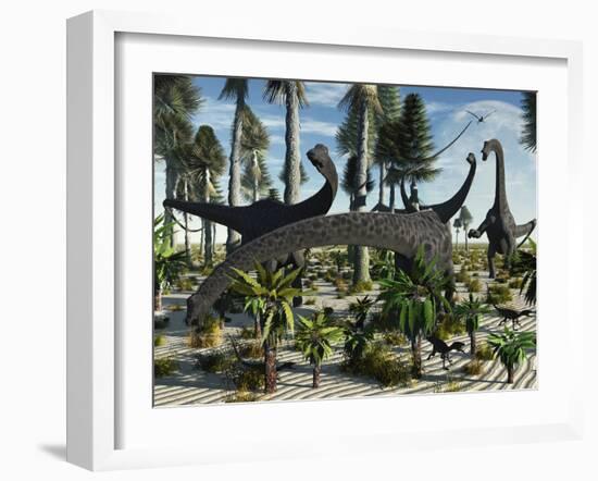 A Herd of Diplodocus Dinosaurs Feeding on Plants-Stocktrek Images-Framed Photographic Print