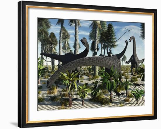 A Herd of Diplodocus Dinosaurs Feeding on Plants-Stocktrek Images-Framed Photographic Print