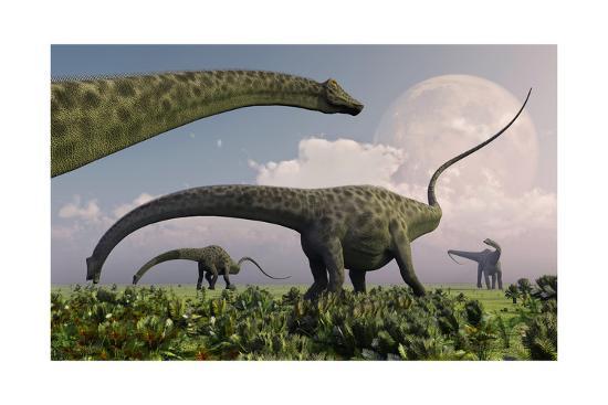 a herd of diplodocus sauropod dinosaurs grazing art print by art com