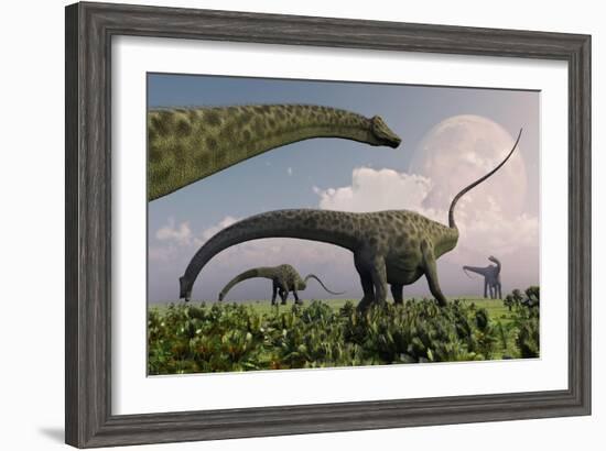 A Herd of Diplodocus Sauropod Dinosaurs Grazing-null-Framed Art Print