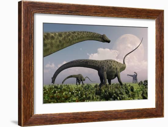 A Herd of Diplodocus Sauropod Dinosaurs Grazing-null-Framed Art Print