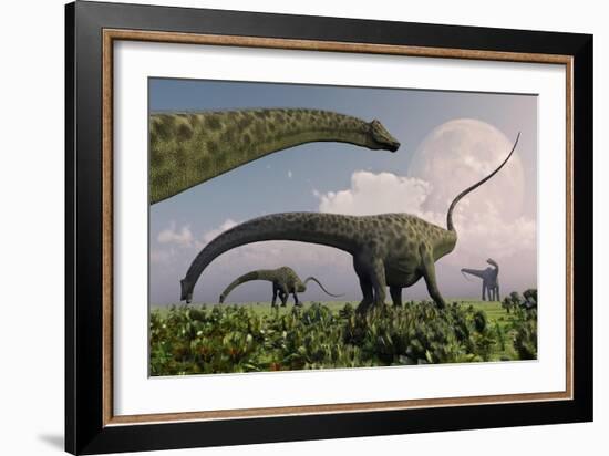 A Herd of Diplodocus Sauropod Dinosaurs Grazing-null-Framed Art Print