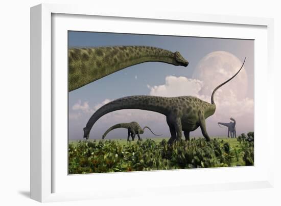 A Herd of Diplodocus Sauropod Dinosaurs Grazing-null-Framed Art Print