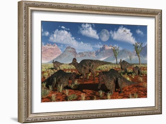 A Herd of Duckbilled Corythosaurus Dinosaurs-null-Framed Art Print
