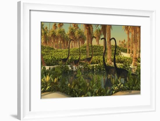 A Herd of Omeisaurus Dinosaurs at a Watering Hole-Stocktrek Images-Framed Art Print