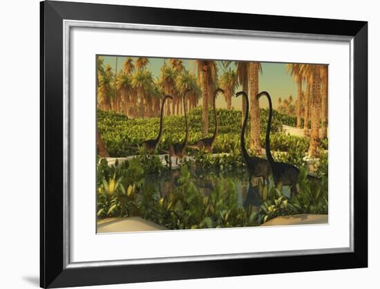 A Herd of Omeisaurus Dinosaurs at a Watering Hole-Stocktrek Images-Framed Art Print