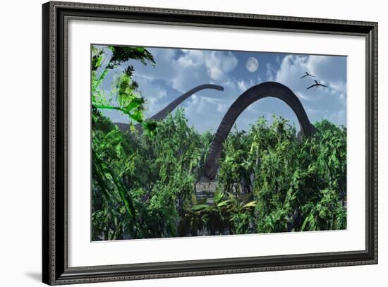 A Herd of Omeisaurus Sauropod Dinosaurs Grazing-null-Framed Art Print