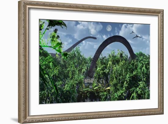 A Herd of Omeisaurus Sauropod Dinosaurs Grazing-null-Framed Art Print