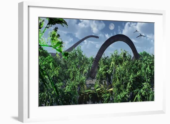 A Herd of Omeisaurus Sauropod Dinosaurs Grazing-null-Framed Art Print