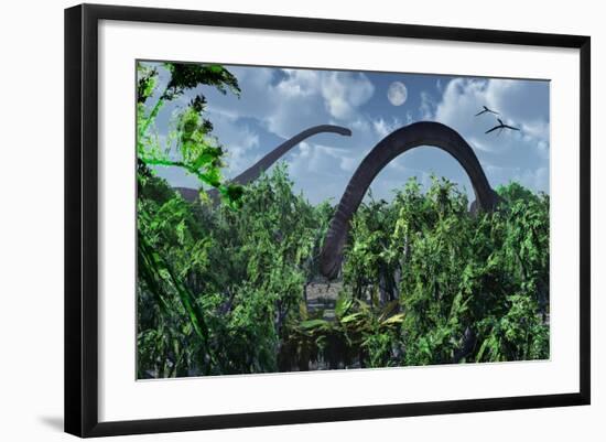 A Herd of Omeisaurus Sauropod Dinosaurs Grazing-null-Framed Art Print