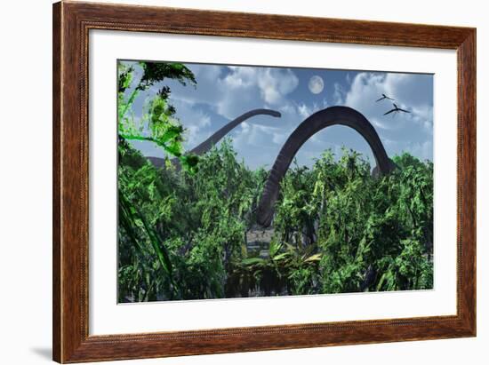 A Herd of Omeisaurus Sauropod Dinosaurs Grazing-null-Framed Art Print