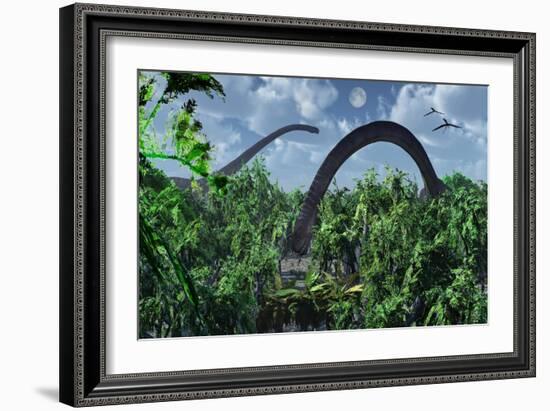 A Herd of Omeisaurus Sauropod Dinosaurs Grazing-null-Framed Art Print