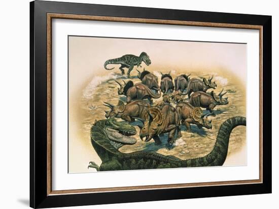 A Herd of Triceratops Defend their Territory Against a Pair of Tyrannosaurus Rex-null-Framed Art Print