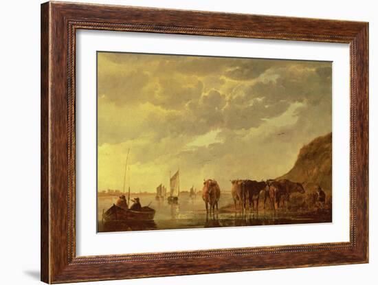 A Herdsman with Five Cows by a River, C.1650 (Panel)-Aelbert Cuyp-Framed Giclee Print