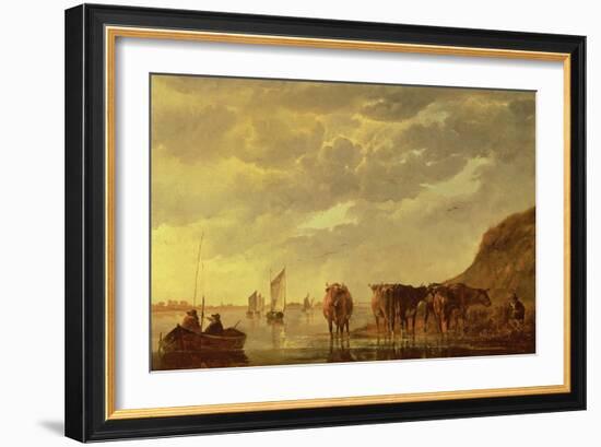 A Herdsman with Five Cows by a River, C.1650 (Panel)-Aelbert Cuyp-Framed Giclee Print