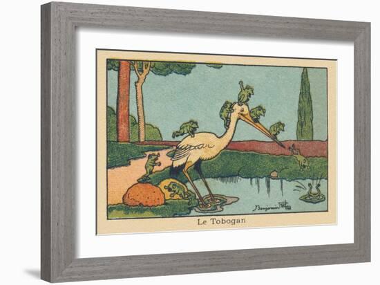 A Heron's Beak Acts as a Slide for Frogs Diving into the Pond.” the Tobogan” ,1936 (Illustration)-Benjamin Rabier-Framed Giclee Print