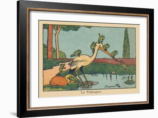 A Heron's Beak Acts as a Slide for Frogs Diving into the Pond.” the Tobogan” ,1936 (Illustration)-Benjamin Rabier-Framed Giclee Print
