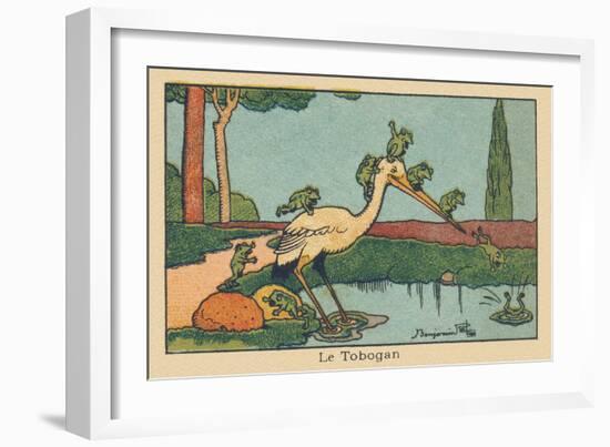 A Heron's Beak Acts as a Slide for Frogs Diving into the Pond.” the Tobogan” ,1936 (Illustration)-Benjamin Rabier-Framed Giclee Print