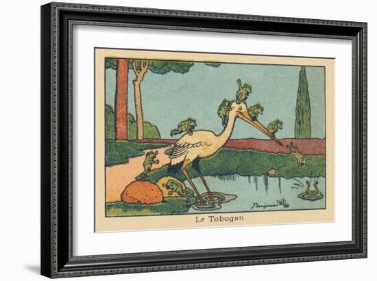 A Heron's Beak Acts as a Slide for Frogs Diving into the Pond.” the Tobogan” ,1936 (Illustration)-Benjamin Rabier-Framed Giclee Print