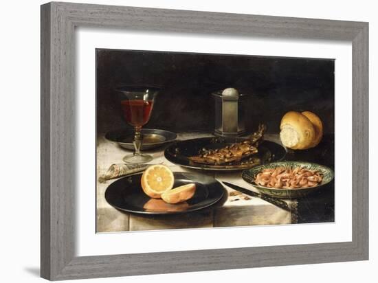 A Herring with Capers and a Sliced Orange on Plates and a Bowl of Shrimp on a Table-Clara Peeters-Framed Giclee Print