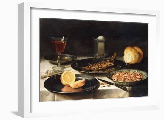 A Herring with Capers and a Sliced Orange on Plates and a Bowl of Shrimp on a Table-Clara Peeters-Framed Giclee Print