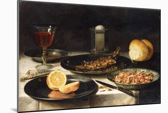 A Herring with Capers and a Sliced Orange on Plates and a Bowl of Shrimp on a Table-Clara Peeters-Mounted Giclee Print