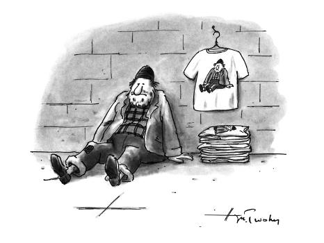 A homeless man is selling T-shirts that have a picture of himself, as home… - New Yorker Cartoon' Premium Giclee Print - Mike Twohy A homeless man is selling T-shirts that have a picture of himself, as home… - New Yorker Cartoon' Premium Giclee Print - Mike Twohy