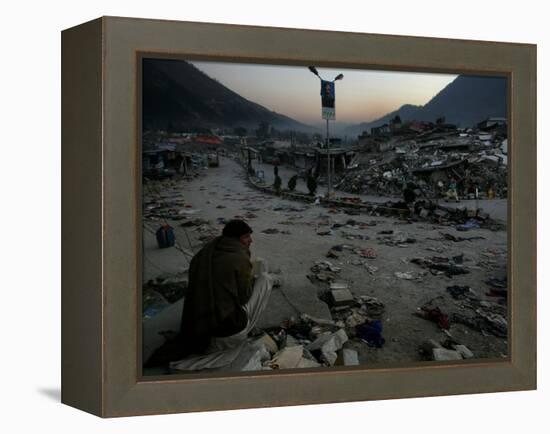 A Homeless Pakistani Earthquake Survivor Sits on the Roadside-null-Framed Premier Image Canvas