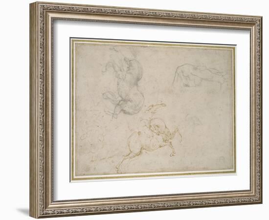 A Horseman Charging and Other Studies (Pen and Brown Ink with and over Black Chalk on Off-White Pap-Michelangelo Buonarroti-Framed Giclee Print