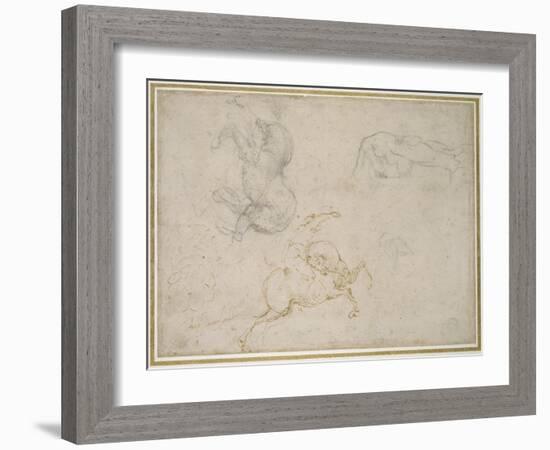 A Horseman Charging and Other Studies (Pen and Brown Ink with and over Black Chalk on Off-White Pap-Michelangelo Buonarroti-Framed Giclee Print