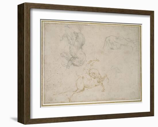 A Horseman Charging and Other Studies (Pen and Brown Ink with and over Black Chalk on Off-White Pap-Michelangelo Buonarroti-Framed Giclee Print